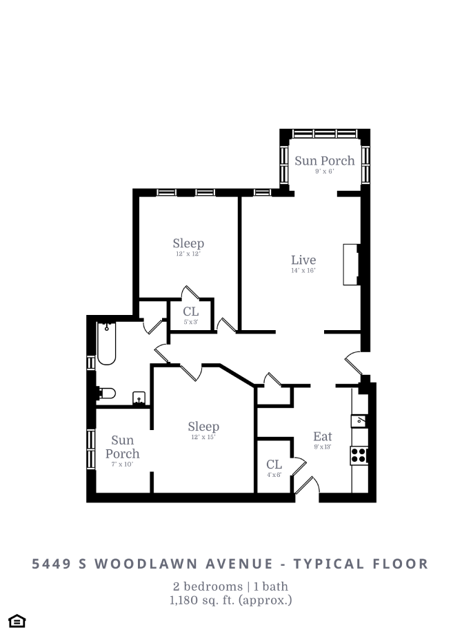 Floor plan for 2 beds, 1 bath, 1180 sqft